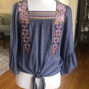 Blue bohemian tie front large top with large ruffle sleeves